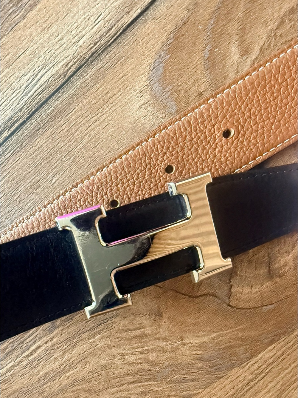Hermes Reversible Leather Belt in Black, Tan with Gold H Buckle